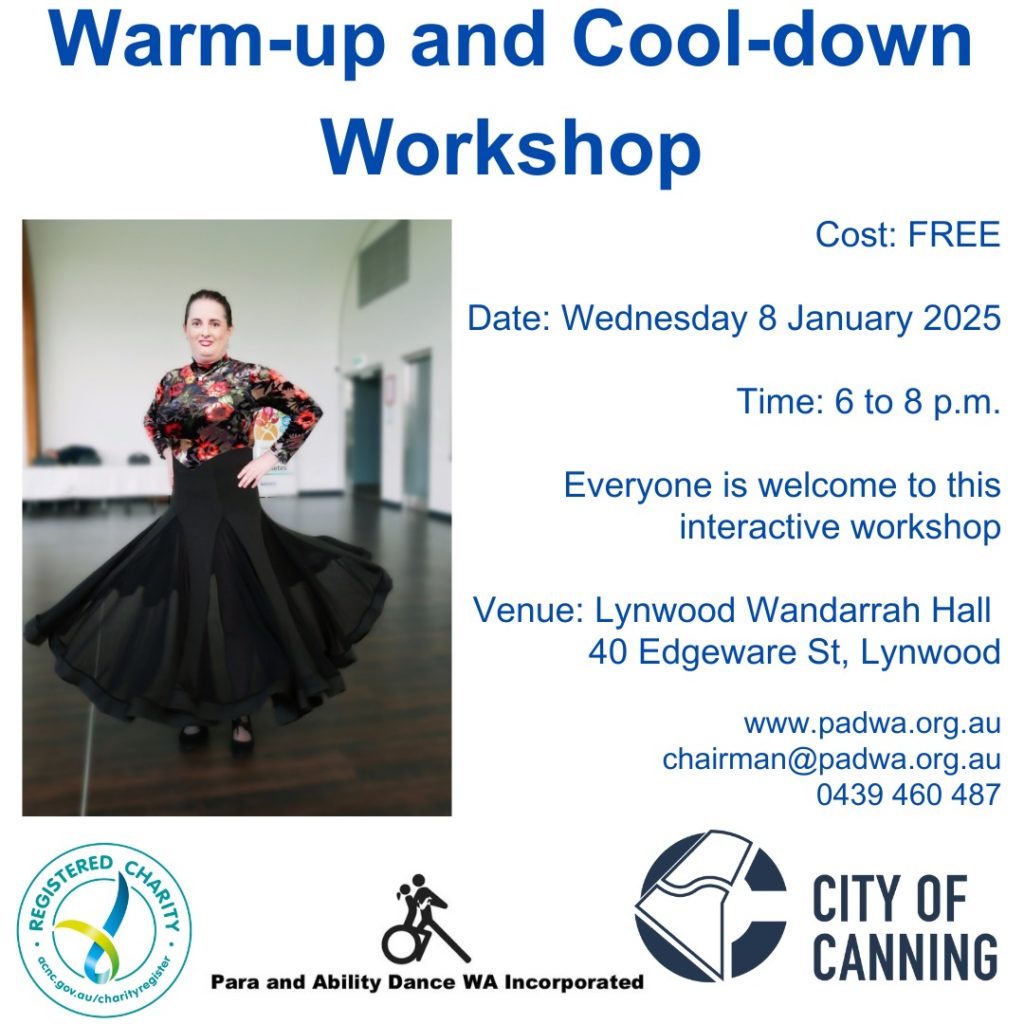 Warm-up and Cool-down flier with the details and an image of the girl swirling a ballroom dress